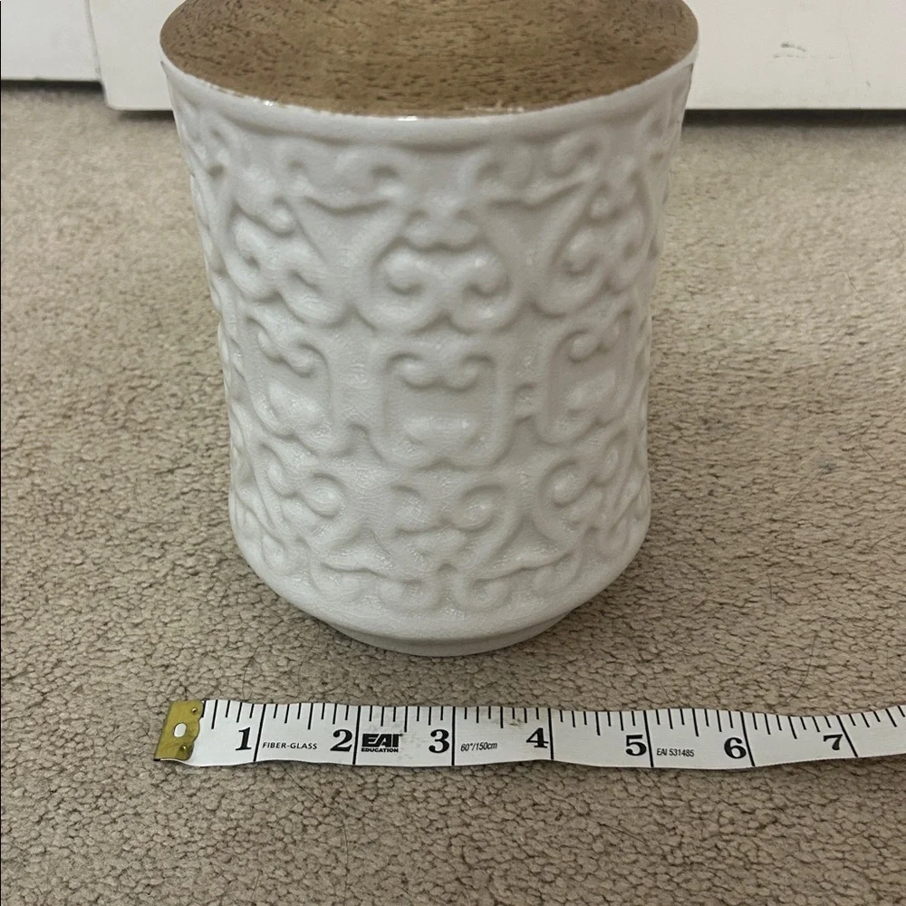 Clay Shoulder Embossed Vase White & Brown 10” tall 5”wide decorative vase